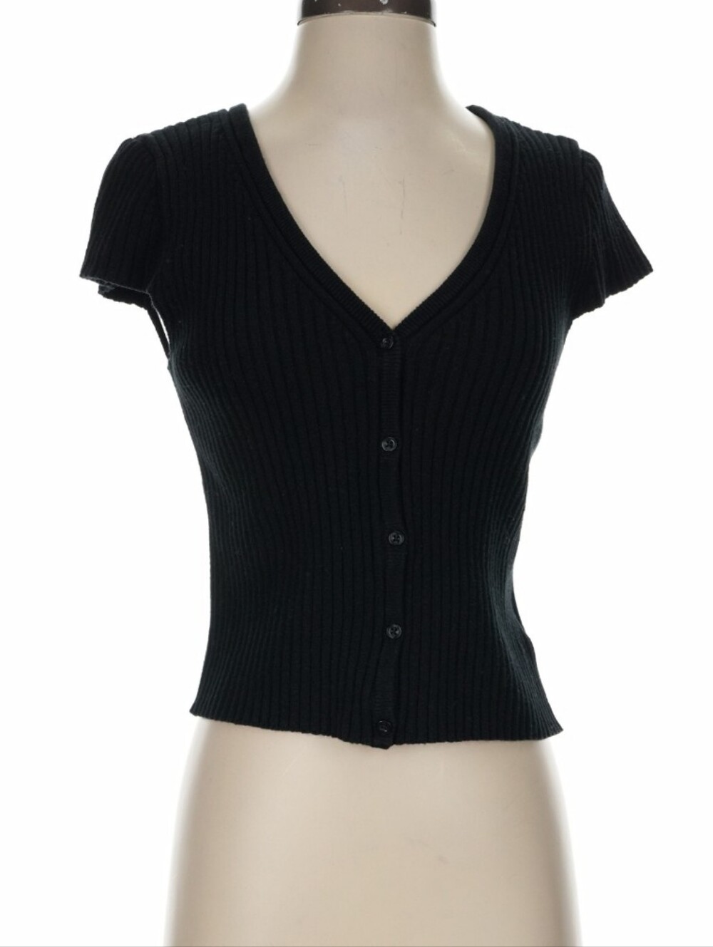 GAP Black Ribbed V-Neck Button-Front Short Sleeve Top